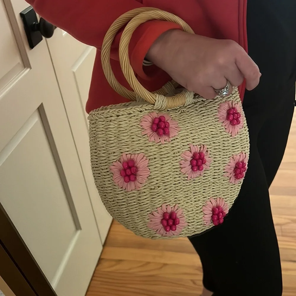 Urban Expressions Woven Straw Satchel with Pink Floral Accents